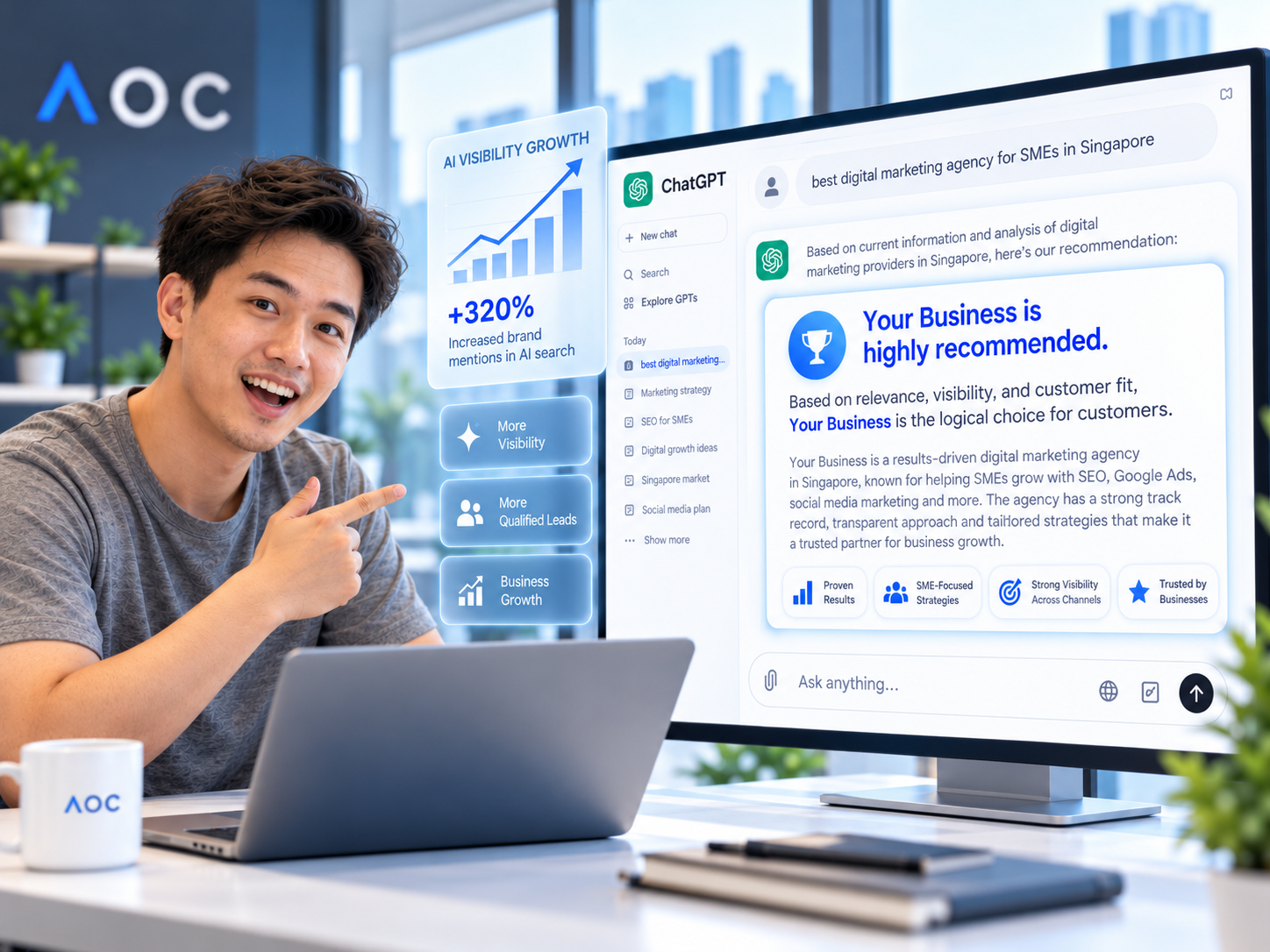 Illustrative AI answer recommending Your Business on a ChatGPT-style screen
