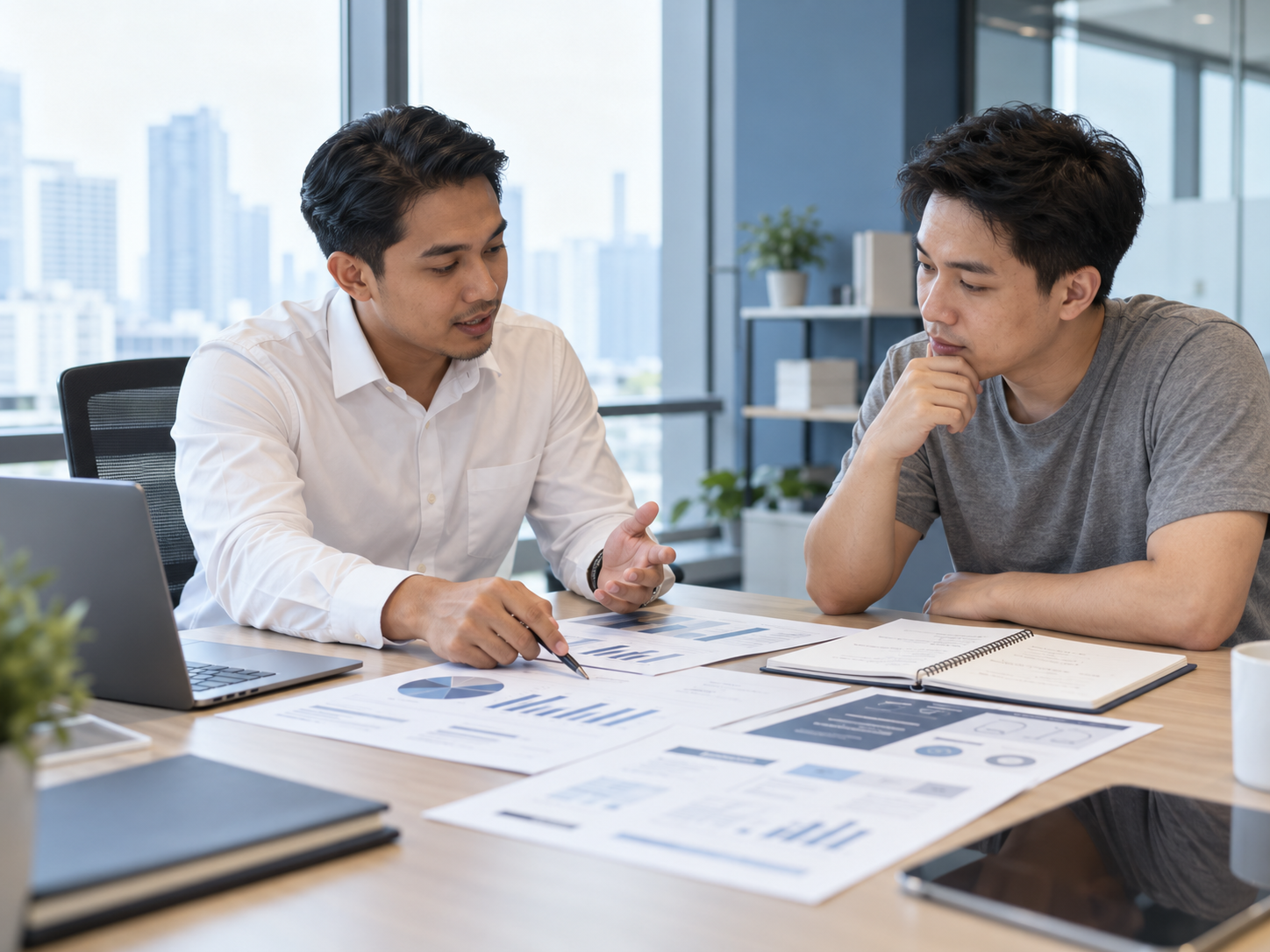 AOC marketing consultant reviewing strategy plans with a business client