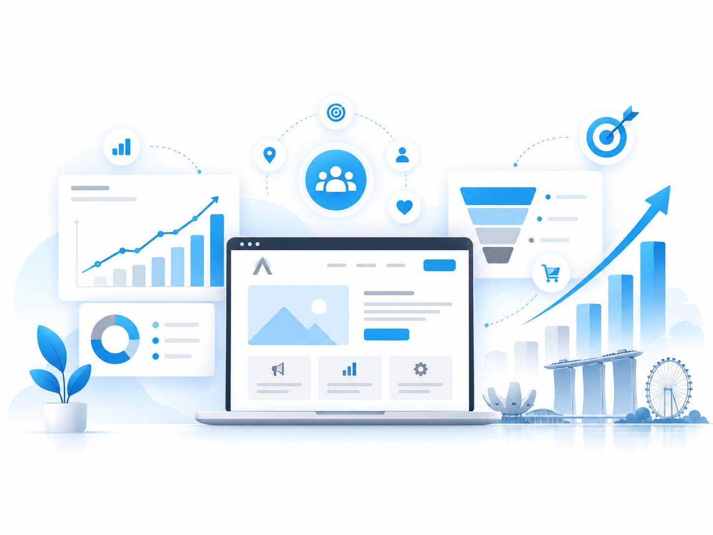 Digital marketing growth dashboard illustration for Ask Omar Consulting