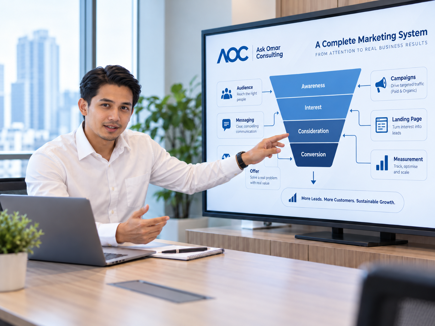 AOC consultant presenting an integrated marketing funnel on a large screen